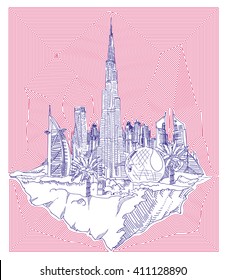 vector hand drawing flying land DUBAI city
