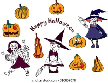 vector  hand drawing funny characters and pumpkins for Halloween design