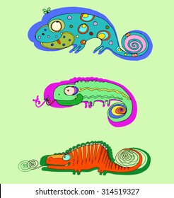 Vector hand drawing funny doodles colorful chameleon lizard in graphic style 