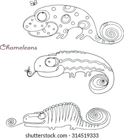 Vector hand drawing funny doodles colorful chameleon lizard in graphic style 