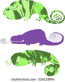  Vector hand drawing funny doodles green and lilac chameleon lizard in graphic style with ebru pattern