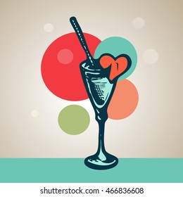 Vector hand drawing glass with cocktail straw and a broken heart.. Eps-10