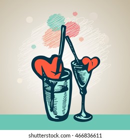 Vector hand drawing glasses with cocktail straw and a broken heart.. Eps-10