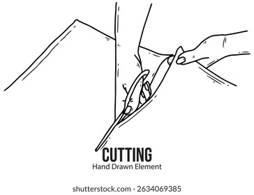 Desenho de mão de vetor de mãos de corte de papel ou pano com contorno preto tesoura, editável, simples, coloração página, alfaiate ornamento.