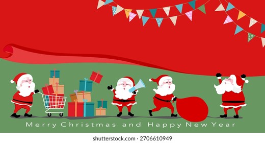 Dibujo de la mano del Vector para el día de fiesta, Navidades felices y año nuevo feliz con carácter de Santa cláusula, cajas de regalos en un Carrito, celebran banderas en fondo rojo y verde