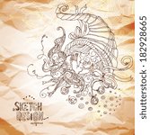 Vector hand drawing horn of plenty at vintage crumpled paper