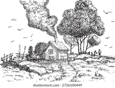 Vector hand drawing of a house on a hill and surrounded by shady trees is a residence that is very harmonious with nature.