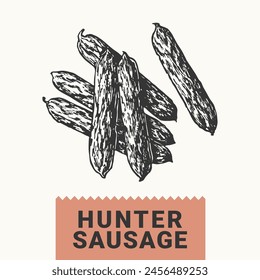 Vector hand drawing of hunter sausages dried in air.