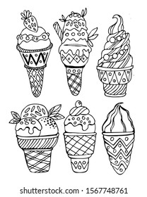 Vector hand drawing ice cream cone doodle style. Bakery products. Isolated vector illustration.