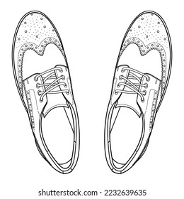 Vector hand drawing illustration with autumn or spring men brogue fashion shoes, top view. Doodle outline illustration	