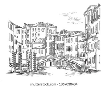 Dibujo manual vectorial del puente sobre el canal de Venecia. Esbozo dibujado a mano en color negro aislado en fondo blanco. Concepto de viajes. Para impresión y diseño.