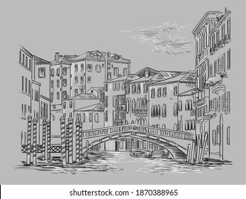 Vector hand drawing illustration of bridge on canal in Venice. Venice cityscape hand drawn sketch in monochrome colors isolated on gray background. Travel concept. For print and design.