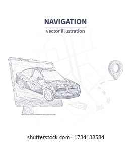 Vector hand drawing illustration of car, phone and navigator pin. Polygonal 3d car leaving from the screen isolated in white. GPS navigation, location app, smart technology or travelling concept
