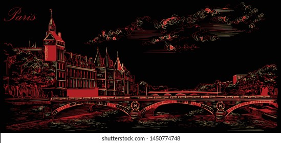 Vector hand drawing Illustration of The castle of Conciergerie, landmark of Paris, France. Panoramic  cityscape with Conciergerie. Vector illustration in red color isolated on black background.