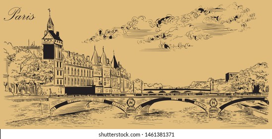 Vector hand drawing Illustration of The castle of Conciergerie, landmark of Paris, France. Panoramic  cityscape with Conciergerie. Vector illustration in black color isolated on beige background.