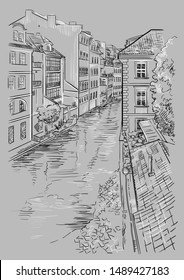 Vector hand drawing Illustration of Certovka Canall in Prague. Landmark of Prague, Czech Republic. Vector illustration in black and white colors isolated on grey background.
