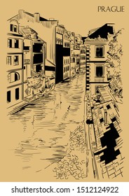 Vector hand drawing Illustration of Certovka Canall in Prague. Landmark of Prague, Czech Republic. Vector illustration in black color isolated on beige background.
