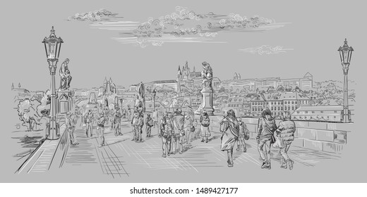 Vector hand drawing Illustration of Charles Bridge and panorama of  Prague. Landmark of Prague, Czech Republic. Vector illustration in black and white colors isolated on grey background.
