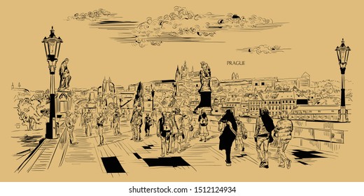 Vector hand drawing Illustration of Charles Bridge and panorama of  Prague. Landmark of Prague, Czech Republic. Vector illustration in black color isolated on beige background.
