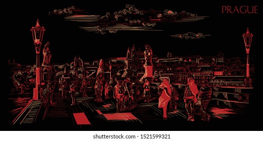 Vector hand drawing Illustration of Charles Bridge and panorama of  Prague. Landmark of Prague, Czech Republic. Vector illustration in red and beige colors isolated on blsck background.
