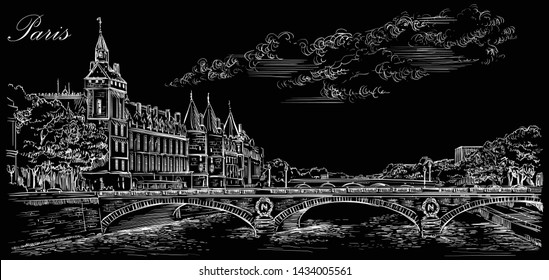 
Vector hand drawing Illustration. Cityscape with the castle of Conciergerie and Saint Michel bridge, landmarks of Paris, France. Vector illustration in white color isolated on black background.
