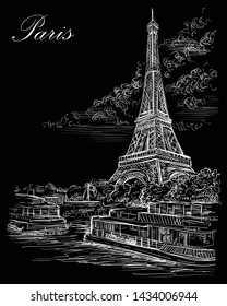 Vector hand drawing Illustration. Cityscape with Eiffel Tower, landmark of Paris, France. View on Seine river embankment. Vector illustration in white color isolated on black background.