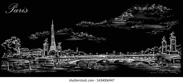 Vector hand drawing Illustration. Cityscape with Eiffel Tower and Pont Alexandre III, Seine river embankment, landmarks of Paris, France. Illustration in white color isolated on black background.