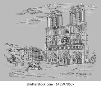 Vector hand drawing Illustration. Cityscape with Notre Dame Cathedral. Landmark of Paris, France. Vector hand drawing illustration in black and white colors isolated on white background.