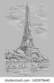 Vector hand drawing Illustration. Cityscape with Eiffel Tower on Seine river embankment. Landmark of Paris, France. Vector illustration in black and white colors isolated on grey background.