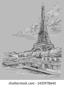 Vector hand drawing Illustration. Cityscape with Eiffel Tower on Seine river embankment. Landmark of Paris, France. Vector illustration in black and white colors isolated on grey background.