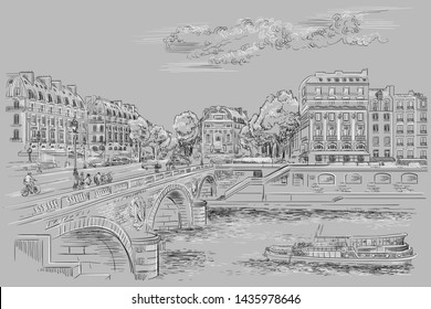 Vector hand drawing Illustration. Cityscape with Pont Saint Michel bridge and Paris street. Landmarks of Paris, France. Vector illustration in black and white colors isolated on grey background.