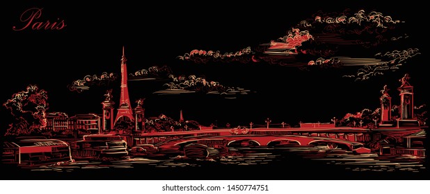 Vector hand drawing Illustration Cityscape with Eiffel Tower, landmark of Paris, France. Vector illustration in red color isolated on black background.