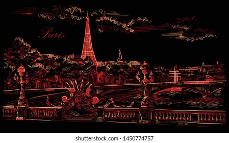 Vector hand drawing Illustration Cityscape with Eiffel Tower, landmark of Paris, France. Vector illustration in red color isolated on black background.