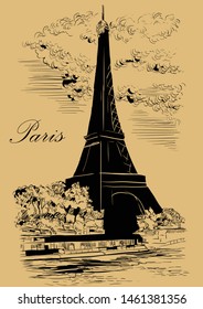 Vector hand drawing Illustration Cityscape with Eiffel Tower, landmark of Paris, France. Vector hand drawing illustration in black color isolated on beige background.