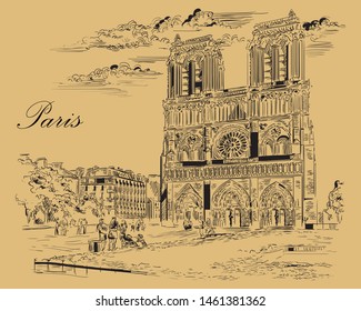 Vector hand drawing Illustration Cityscape of Notre Dame Cathedral, landmark of Paris, France. Vector hand drawing illustration in black color isolated on beige background.