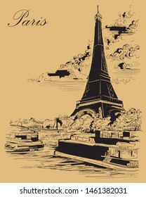 Vector hand drawing Illustration Cityscape with Eiffel Tower, landmark of Paris, France. Vector hand drawing illustration in black color isolated on beige background.