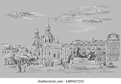 Vector hand drawing Illustration. Cityscape of St. Nicholas church and Jan Hus Memorial. 
Landmark of Prague,Czech Republic. Vector illustration in black and white colors isolated on grey background.
