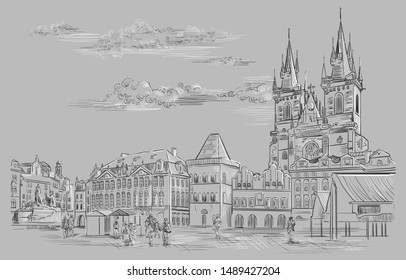 Vector hand drawing Illustration. Cityscape of Old Town Square and Tyn Church. 
Landmark of Prague, Czech Republic. Vector illustration in black and white colors isolated on grey background.
