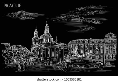 Vector hand drawing Illustration. Cityscape of St. Nicholas church and Jan Hus Memorial. 
Landmark of Prague, Czech Republic. Vector illustration in white color isolated on black background.
