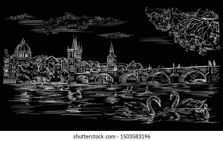 Vector hand drawing Illustration Cityscape of Charles Bridge and swans in Vltava river in Prague. Landmark of Prague, Czech Republic. Vector illustration in  white color isolated on black background.
