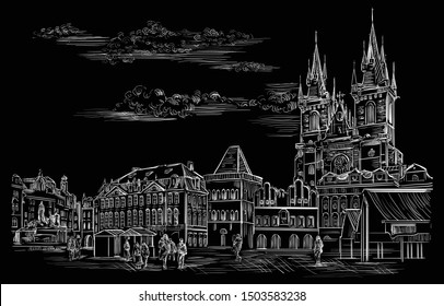 Vector hand drawing Illustration. Cityscape of Old Town Square and Tyn Church. 
Landmark of Prague, Czech Republic. Vector illustration in white color isolated on black background.
