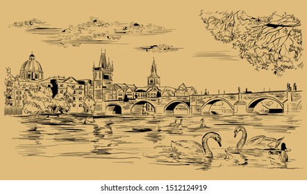 Vector hand drawing Illustration Cityscape of Charles Bridge and swans in Vltava river in Prague. Landmark of Prague, Czech Republic. Vector illustration in black color isolated on beige background.
