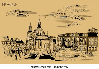 Vector hand drawing Illustration. Cityscape of St. Nicholas church and Jan Hus Memorial. 
Landmark of Prague, Czech Republic. Vector illustration in black color isolated on beige background.
