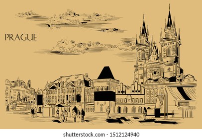 Vector hand drawing Illustration. Cityscape of Old Town Square and Tyn Church. 
Landmark of Prague, Czech Republic. Vector illustration in black color isolated on beige background.
