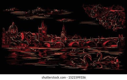 Vector hand drawing Illustration Cityscape of Charles Bridge and swans in Vltava river in Prague. Landmark of Prague, Czech Republic. Vector image in red and beige colors isolated on black background
