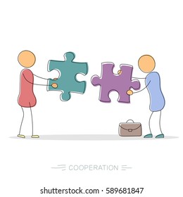 Vector hand drawing illustration of cooperation between two businessmen holding two colored puzzle pieces. Modern thin line art concept with pastel colors on white background