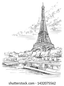 Vektorhandzeichnung Illustration des Eiffelturms, Wahrzeichen von Paris, Frankreich in schwarzer Farbe einzeln auf weißem Hintergrund. Stadtbild mit Eiffelturm, Blick auf das Seine-Ufer.