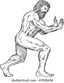 vector hand drawing illustration of Hercules pushing isolated on white