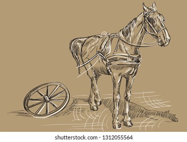 Vector hand drawing Illustration horse standing in profile with cart wheel. Monochrome vector hand drawing sketch illustration in black and white colors isolated on beige background.