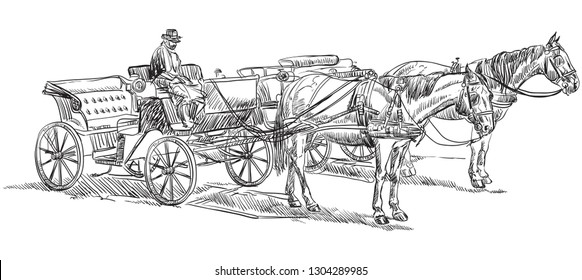 Vector hand drawing Illustration horse-drawn carriages with coachman. Monochrome vector hand drawing sketch illustration in black color isolated on white background.